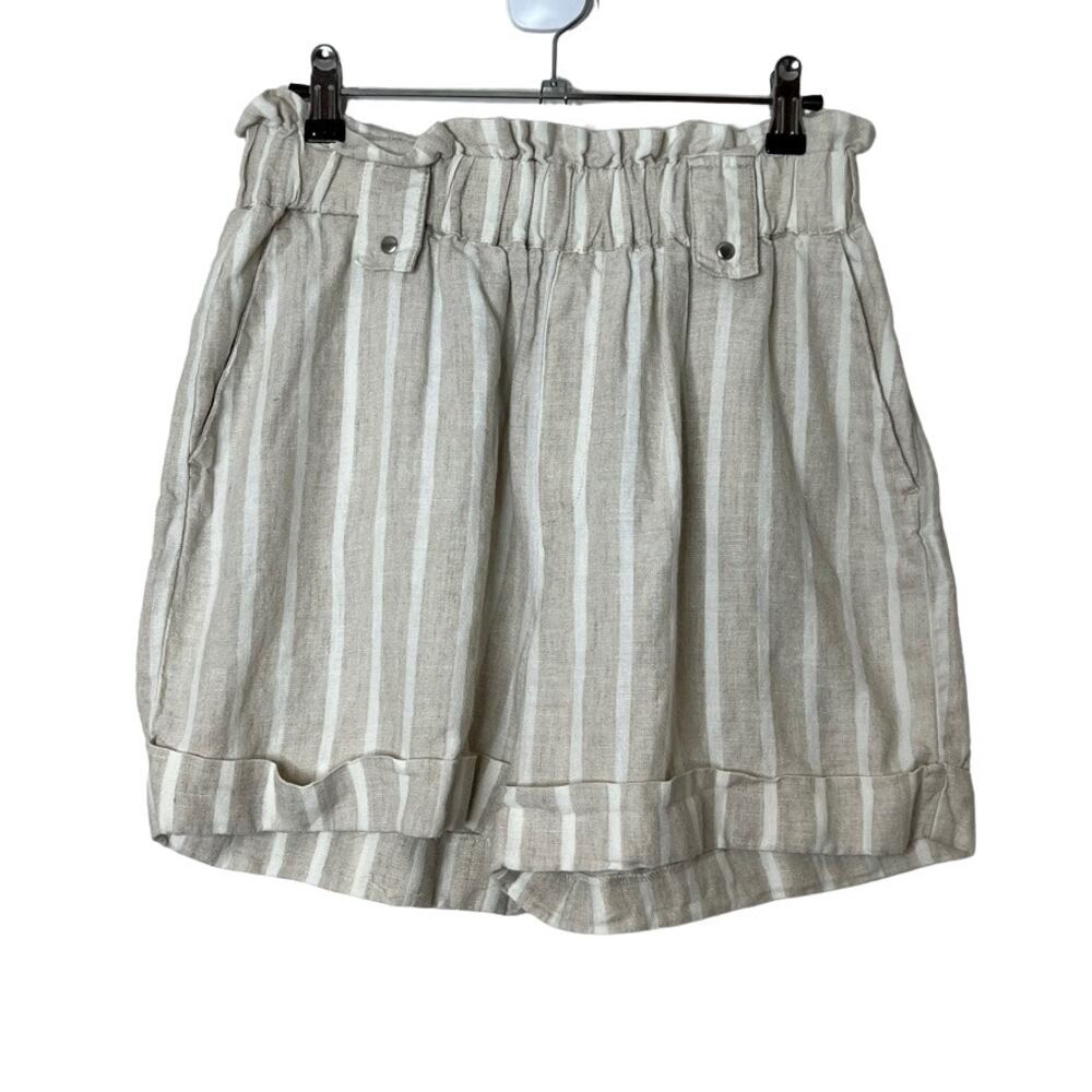 MNG Casual 100% Linen Striped Paperbag Shorts Cream Womens Small